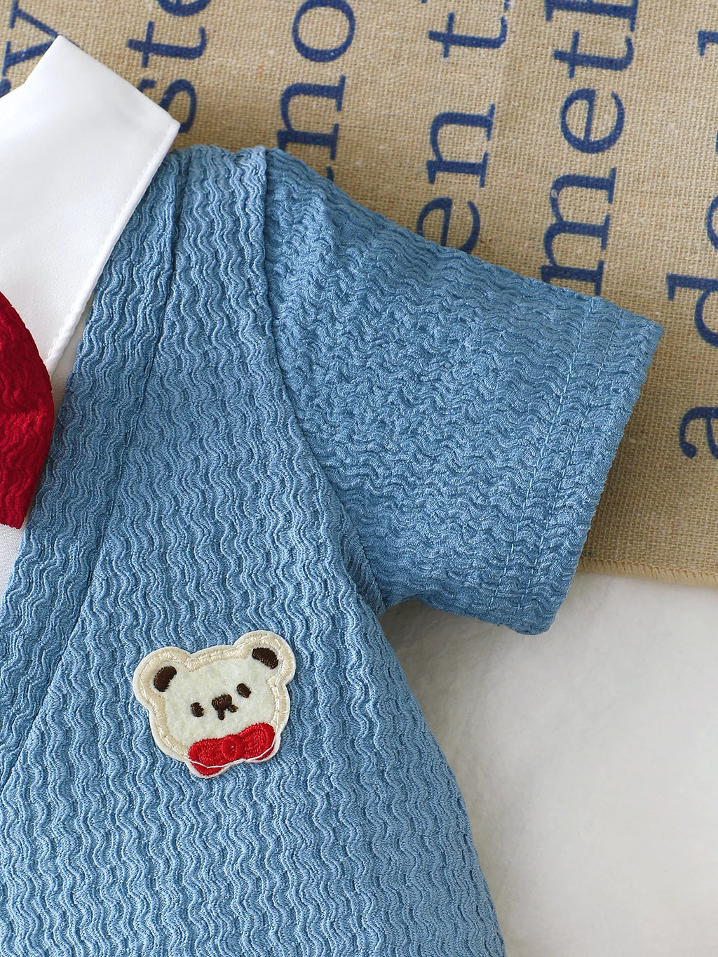 Infant and Toddler Boys' Romper, Stylish Casual Little Gentleman Style with a Faux Two-Piece Design, Short Sleeves, Solid Color, and Bear Embroidery