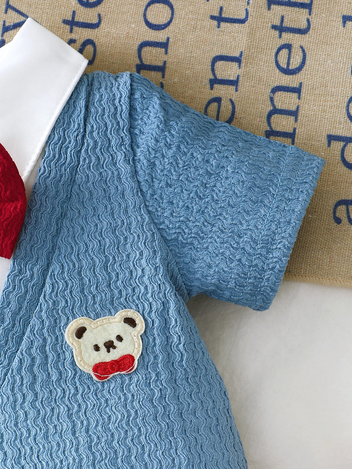 Infant and Toddler Boys' Romper, Stylish Casual Little Gentleman Style with a Faux Two-Piece Design, Short Sleeves, Solid Color, and Bear Embroidery