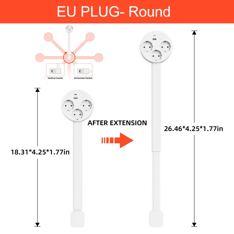 Electrical Outlet Extender Adjustable Length EU US Plug Stretchable Wall Plug Power Strop Outlets 180° Rotate Retractable Socket