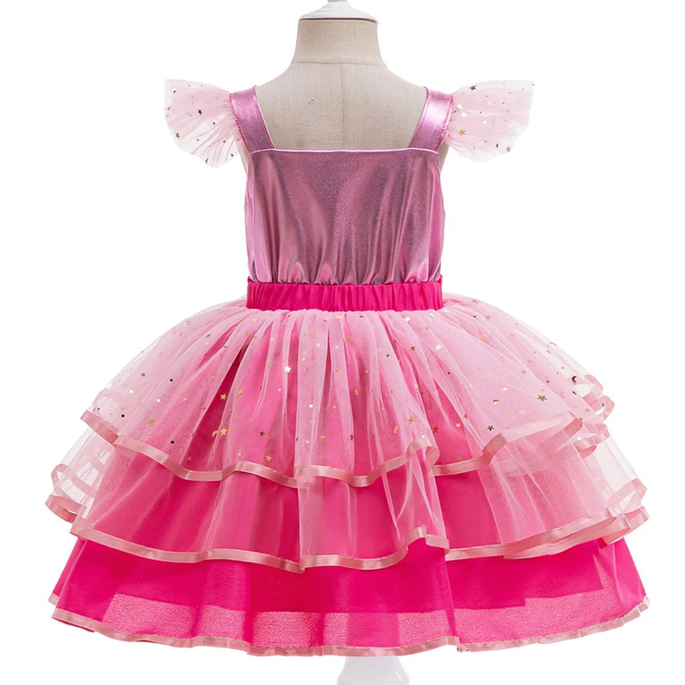 Elegant Party Wedding Girls Dress Elegant Bow Layered Birthday Dresses for Girl Hot Pink Summer Children Christmas Prom Costume