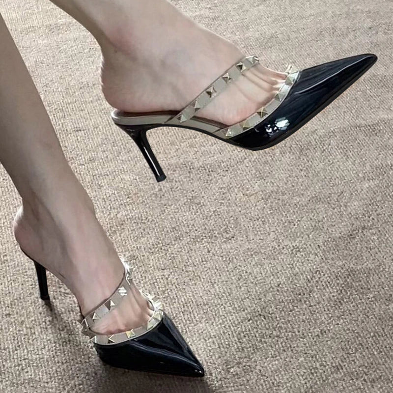 Nude High Heels for Women 2026 Autumn New Studded Pointed Toe Single Strap Slippers, Outdoor Half-Slippers for Women