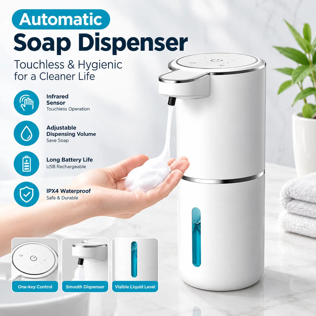 USB Rechargeable Automatic Soap Dispenser, 380ml Touchless Sensor Foaming for Kitchen Bathroom, 4-Level Adjustable