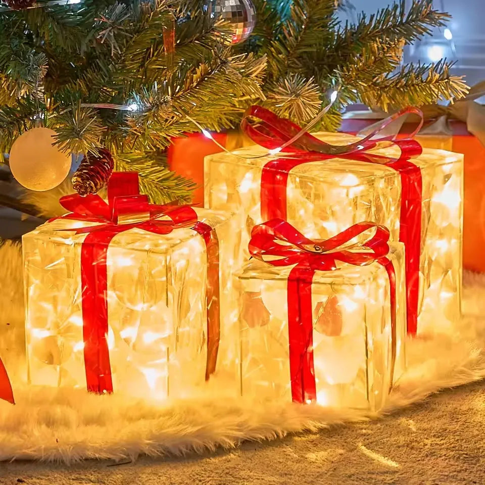 Christmas Lighted Gift Box With Bow Transparent LED Warm White Box Lights for Indoor Holiday Home Decoration Xmas Tree Ornaments