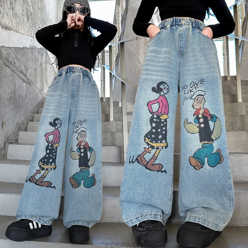 Kids Brand Cartoon Jeans For Girls Wide Leg Loose Denim Pants Children High Quality Jeans Trousers For Teenagers Age 5 To 14 Y