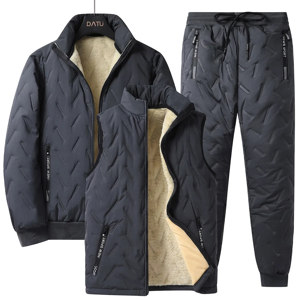 Winter Men Thermal Tracksuit 3Pcs Set, Fleece Lined Warm Quilted Coat Sleeveless Vest Elastic Waist Pants, Windproof Casual Spor