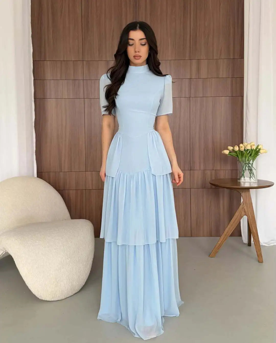 2026 Elegant Dresses For Woman Party Wedding Evening Dress Vestido Temperament Retro Short Sleeves Pleated Solid Color Slim Chic
