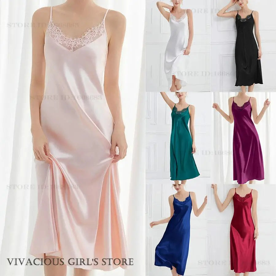 Sexy Women Long Nightgown Intimate Lingerie Patchwork Lace Suspender Nightdress Chemise Sleepwear Loungewear Silk Satin Homewear
