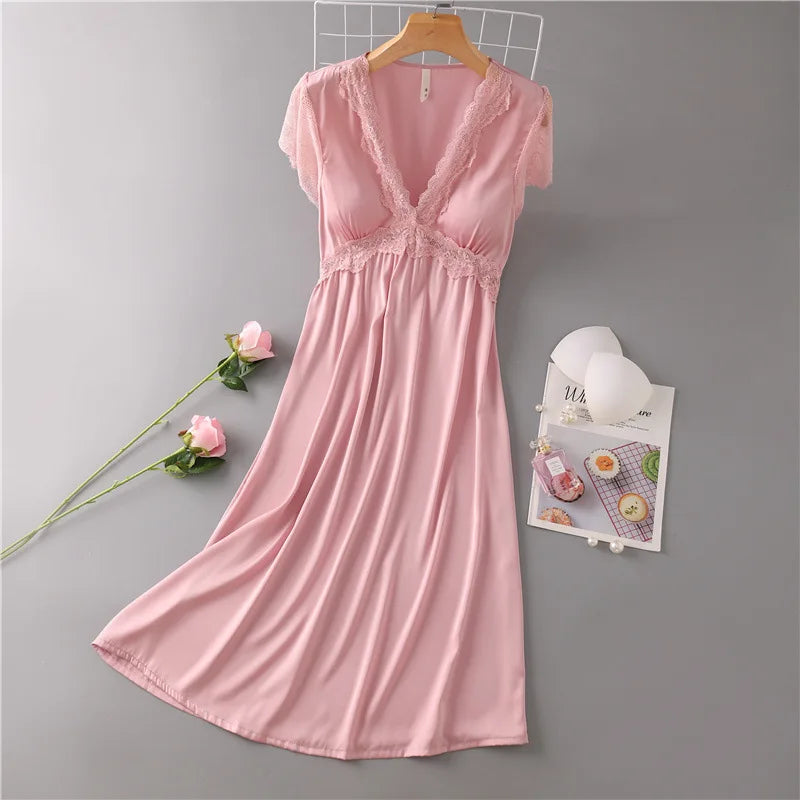 Sexy Nightdress for Women Summer Spring Home Dress V-Neck Nightgown Lace Sleeve Sleepwear Long Intimate Lingerie Nightwear