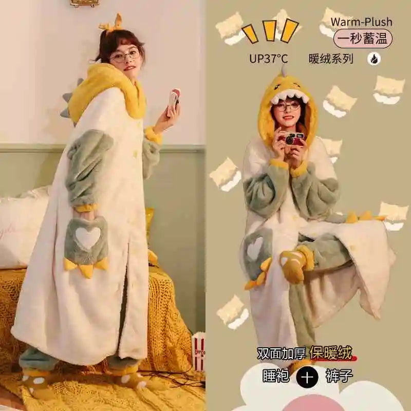 Winter Cute Women's Warm Pajamas With Pants Set Cartoon Sleeping Home Wear Suit Sleepwear Leisure Trend Pajama пижама женская