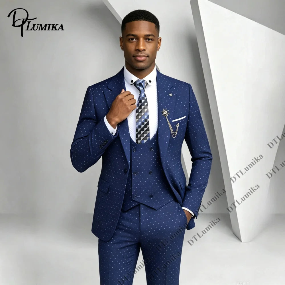 Men 3 Piece Dotted Suit Three-piece Polka Dot Jacket Vest Pants Made To Measure Wedding Business Prom Banquet Formal Tuxedo