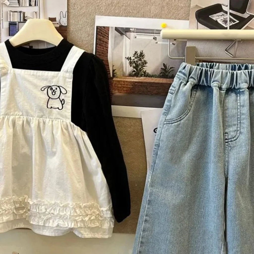 2-7Y Autumn Girls Lace Trimmed Jeans Sweet Elastic Waist Straight Leg Kids Pants for Girls Pants Korean Children Loose Trousers