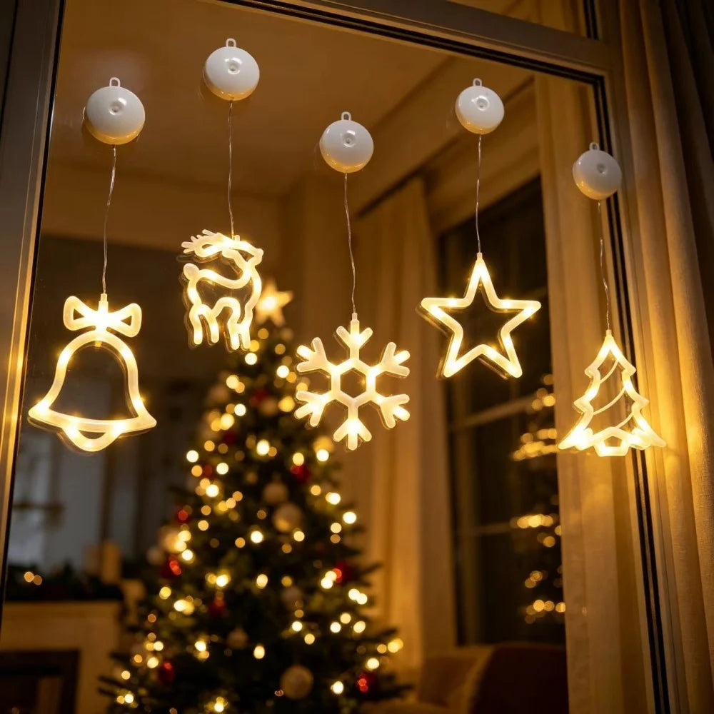Christmas LED Hanging Window Decorations with Suction Cups Snowflake Tree Bell Star Deer Lights for Tree Living Room Decor