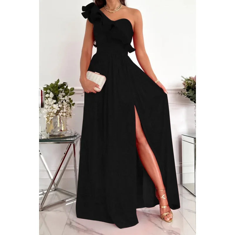 Elegant Long Single Shoulder Dress Women's Fashionable Slimming Evening Gown Versatile Daily Commute Dress Modern Style Summe...
