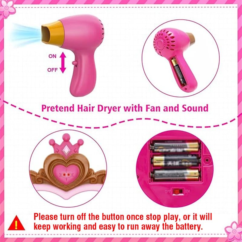 Princess Vanity Table Playset Kids Induction Open Beauty Dresser with Light and Music Pretend Makeup Hair Styling Toy for Girls
