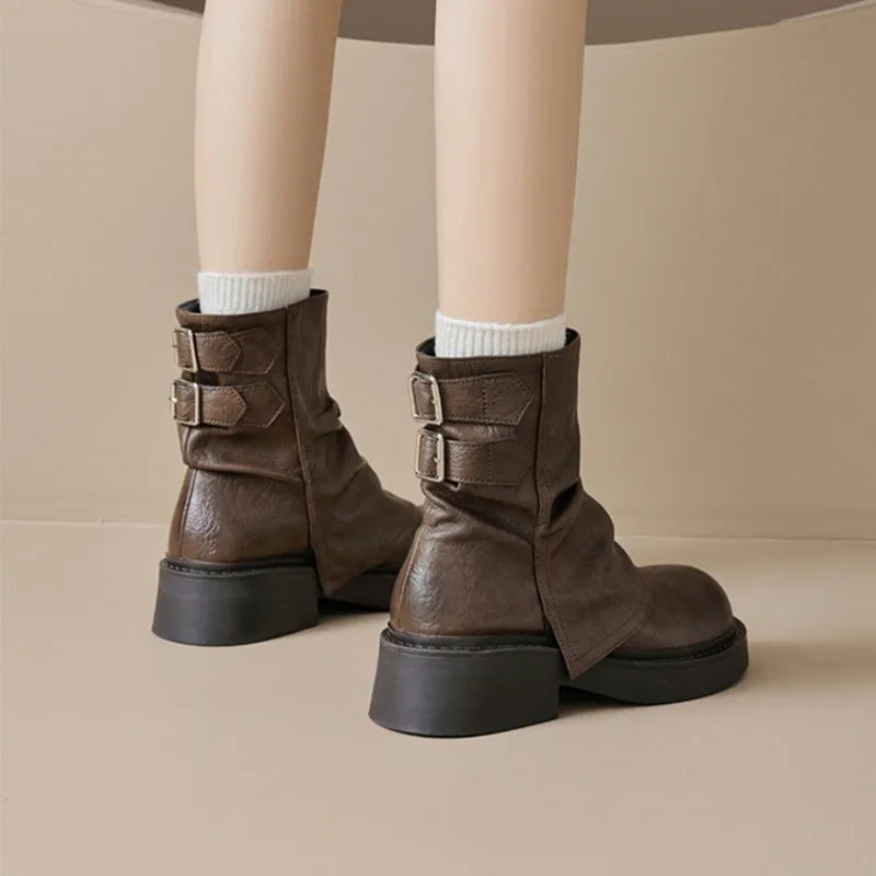 Womens Western Cowgirl Boots Autumn Winter New Waterproof Thick Bottom Casual Shoes Fashion Versatile Women's Short Boots Mujer