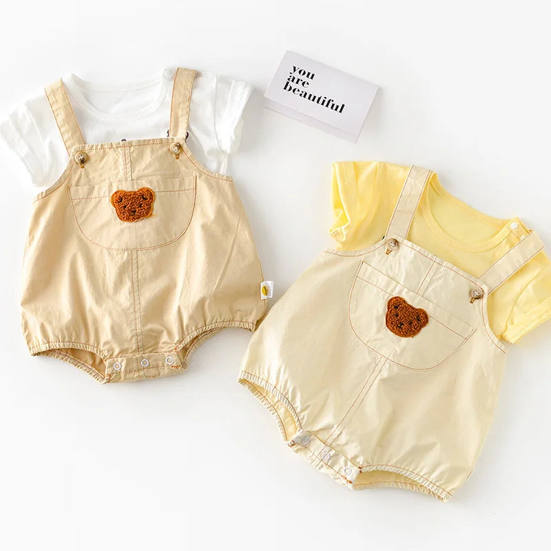 2025 Summer Baby Romper for 0 - 2 Years Old Bear Embroidered Open Crotch Infant Clothes, Lightweight and Adorable Overall Style