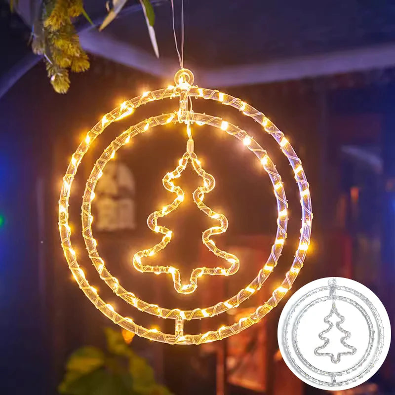 Christmas Hanging Wreath Light Warm White LED Circular Hanging Ornament Light with Inner Christmas Tree Pattern 32cm Window Wall