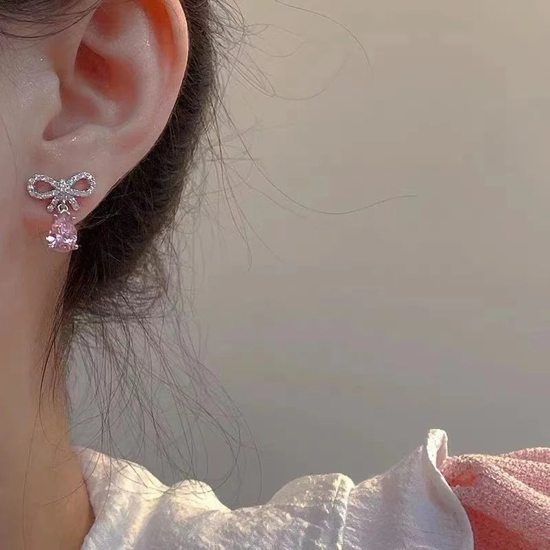 Sweet Style Pink Zircon Bow Knot Heart Stud Earrings For Women Aesthetic Y2K Accessories Jewelry Gifts