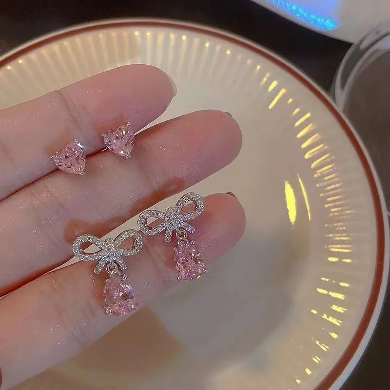 Sweet Style Pink Zircon Bow Knot Heart Stud Earrings For Women Aesthetic Y2K Accessories Jewelry Gifts