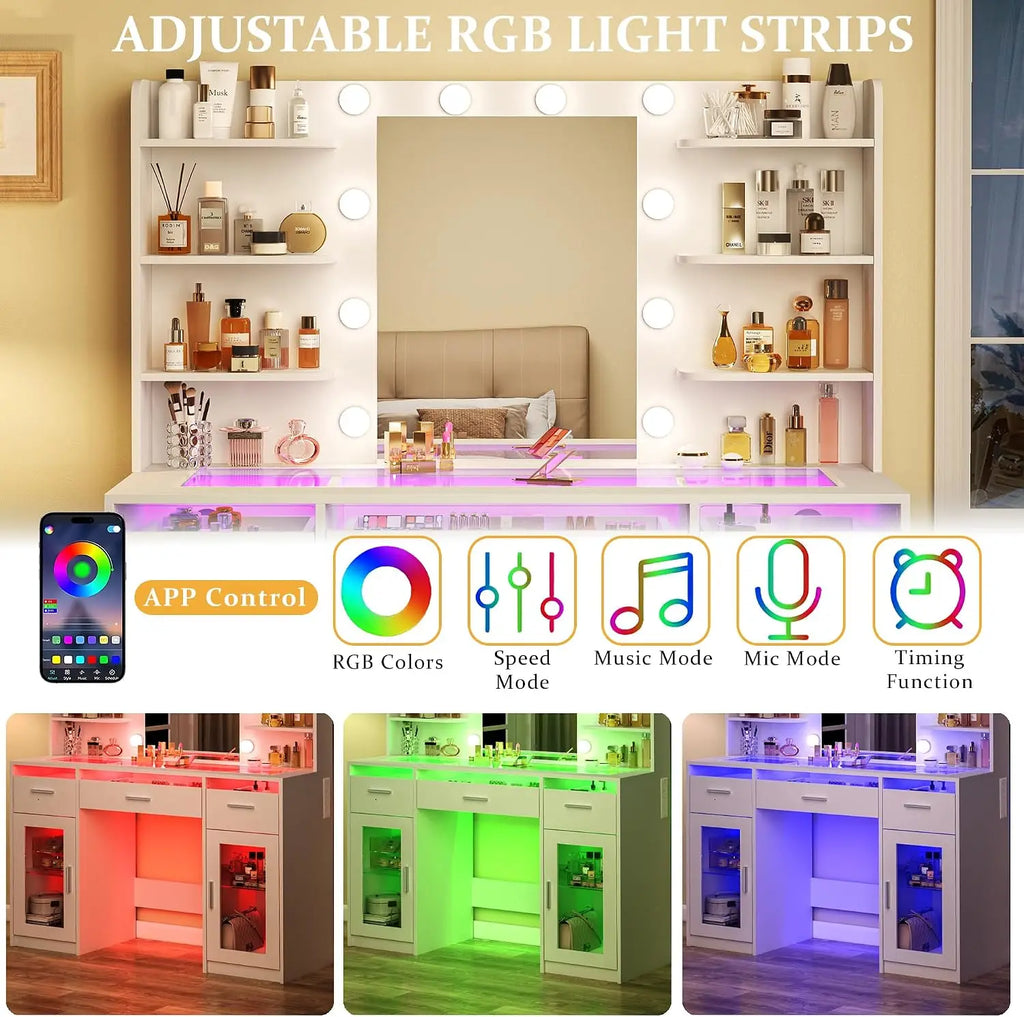 Makeup Vanity Desk with Mirror and Lights 3 Colors, Transparent Top with 3 RGB Drawers, 6 Shelves, Customized