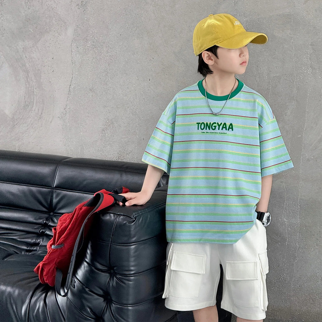 Kids Children Fashion Short Sleeve Green Striped T-shirt for Tweens Boy Summer Clothing Streetwear Cotton Tshirt Outfit Age 5-14