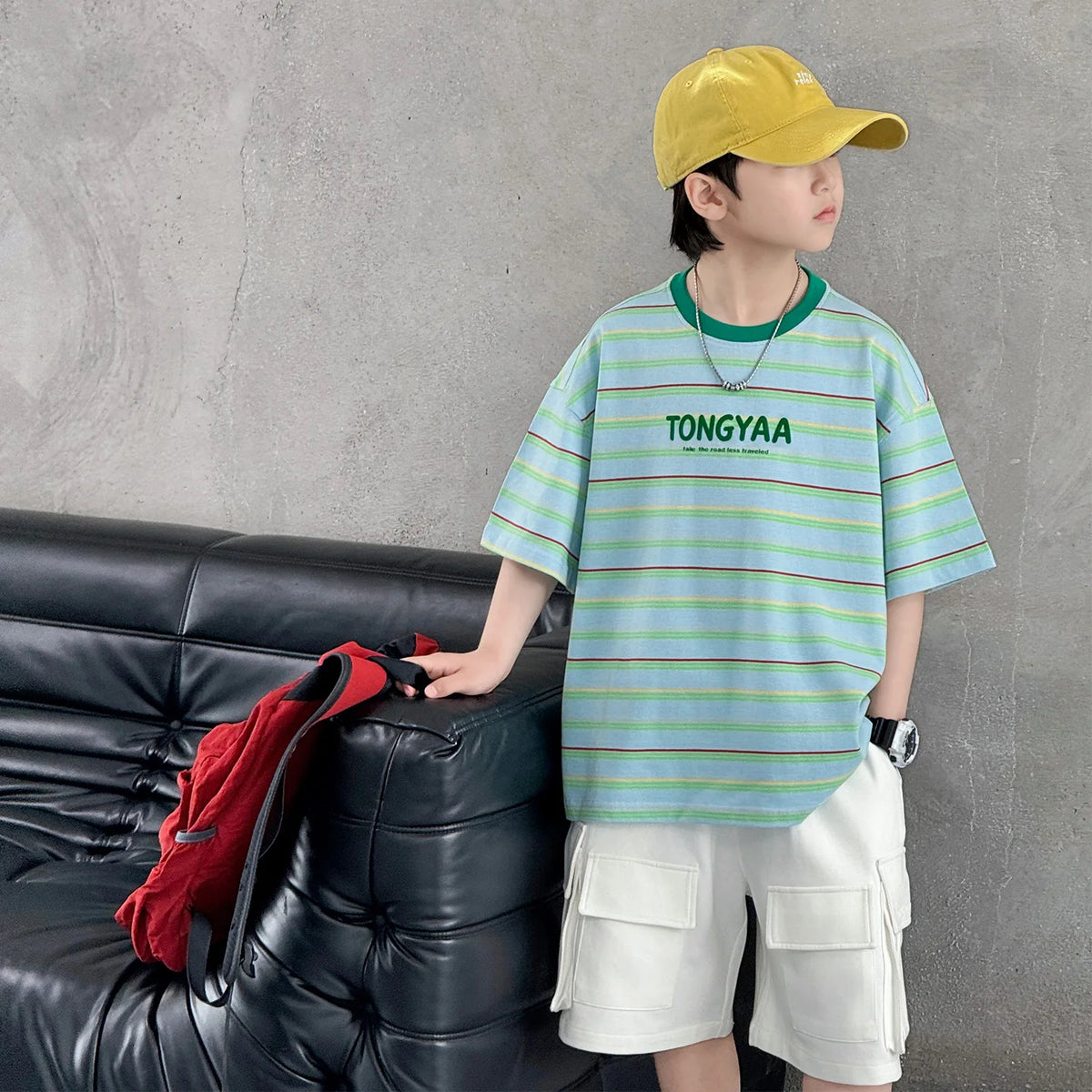 Kids Children Fashion Short Sleeve Green Striped T-shirt for Tweens Boy Summer Clothing Streetwear Cotton Tshirt Outfit Age 5-14