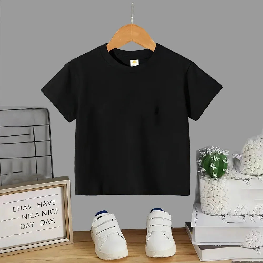Kids T-shirt Summer Cotton Top Boys Girls Solid Color Blank T-shirt O Neck Round Neck Short Sleeve Pair of White Top T-shirt
