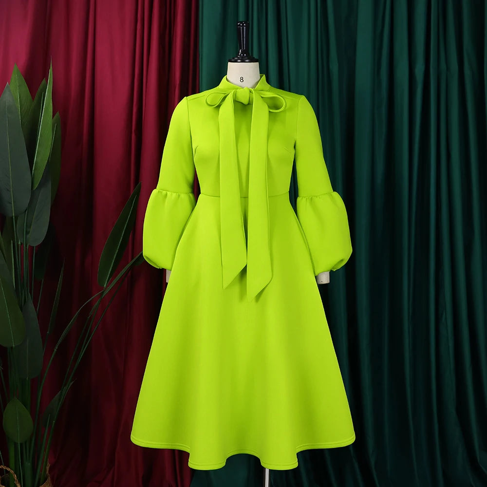 Elegant Party Dresses for Women Luxury Woman 2024 Bow Collar Full Sleeve High Waisted Pleated Mid Calf Birthday Dinner Celebrate