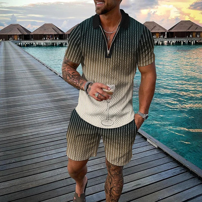 Men's Clothing Tracksuit Sets 3D Print Color Squares Pattern Casual Zipper Polo Shirt And Shorts 2pcs Sets Trend Streetwear Man
