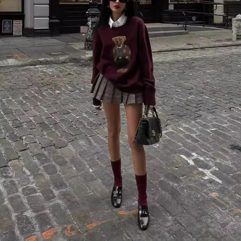 Zekye Winter Women's Sweater Clothing Bear Embroidery Round Neck Slim Fit Sweater Cartoon College Style Knitted Oversized Y2k
