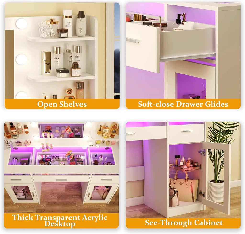 Makeup Vanity Desk with Mirror and Lights 3 Colors, Transparent Top with 3 RGB Drawers, 6 Shelves, Customized