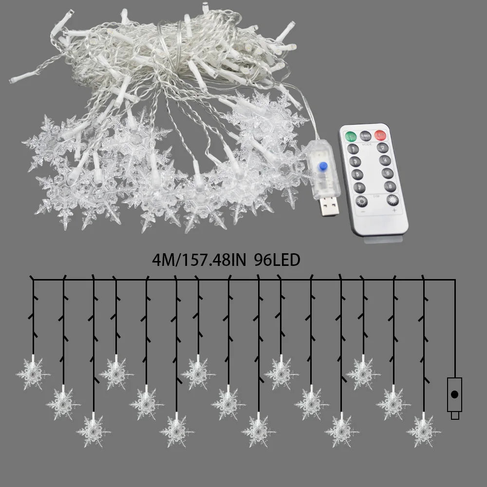 Christmas LED Snowflake Curtain String Light, USB Powered Window Hanging Fairy Lights with 8 Modes for Indoor Holiday Room Decor