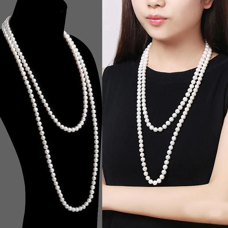 1.5m -8mm fashion glass imitation pearl necklace women's simple knot multi-layer long sweater chain clothing accessories 2021