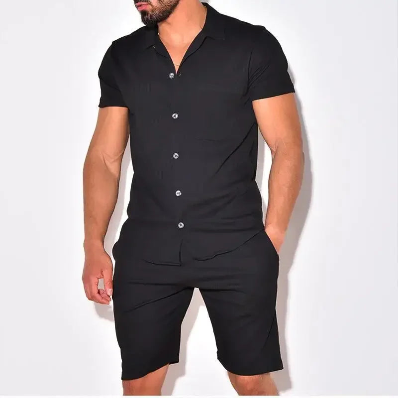 2026 Men's Summer Casual Shorts Sets Solid Mens Short Sleeve Buttoned Lapel Shirts + Shorts Sets Two Piece Streetwear Sets Male
