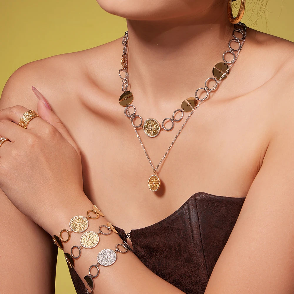 316 Stainless Steel Gold-Plated Large Circular Chain Necklace Choker Women's Shiny Round Zircon Golden Bracelet Jewelry Set