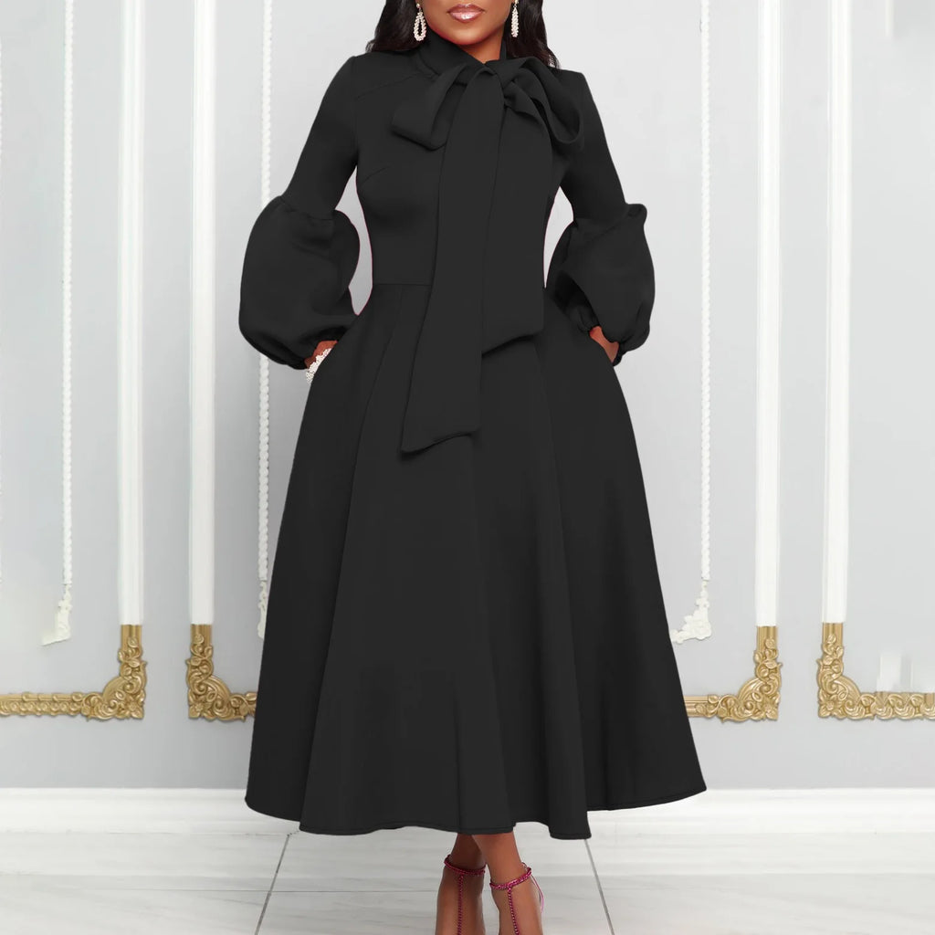 Elegant Party Dresses for Women Luxury Woman 2024 Bow Collar Full Sleeve High Waisted Pleated Mid Calf Birthday Dinner Celebrate