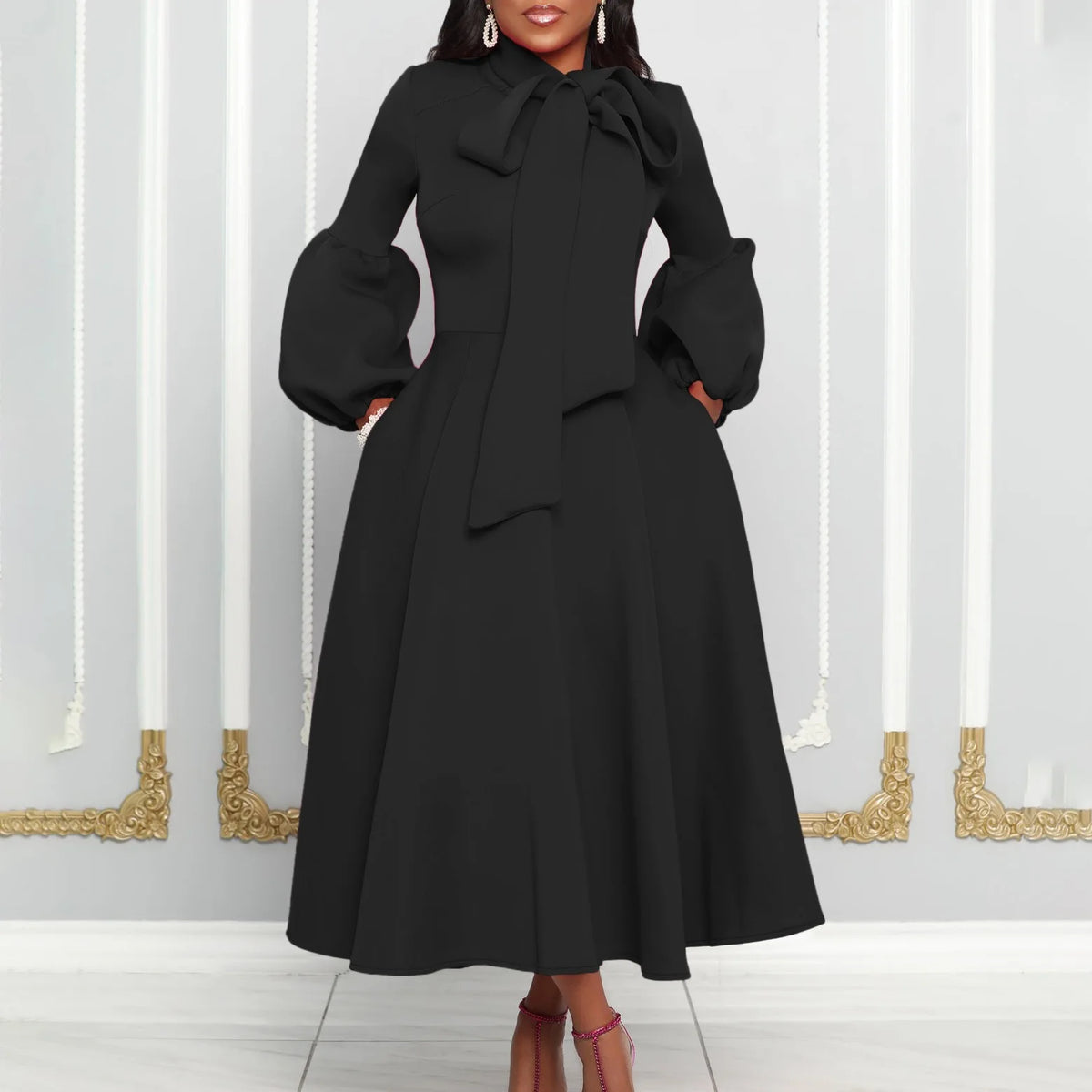 Elegant Party Dresses for Women Luxury Woman 2024 Bow Collar Full Sleeve High Waisted Pleated Mid Calf Birthday Dinner Celebrate