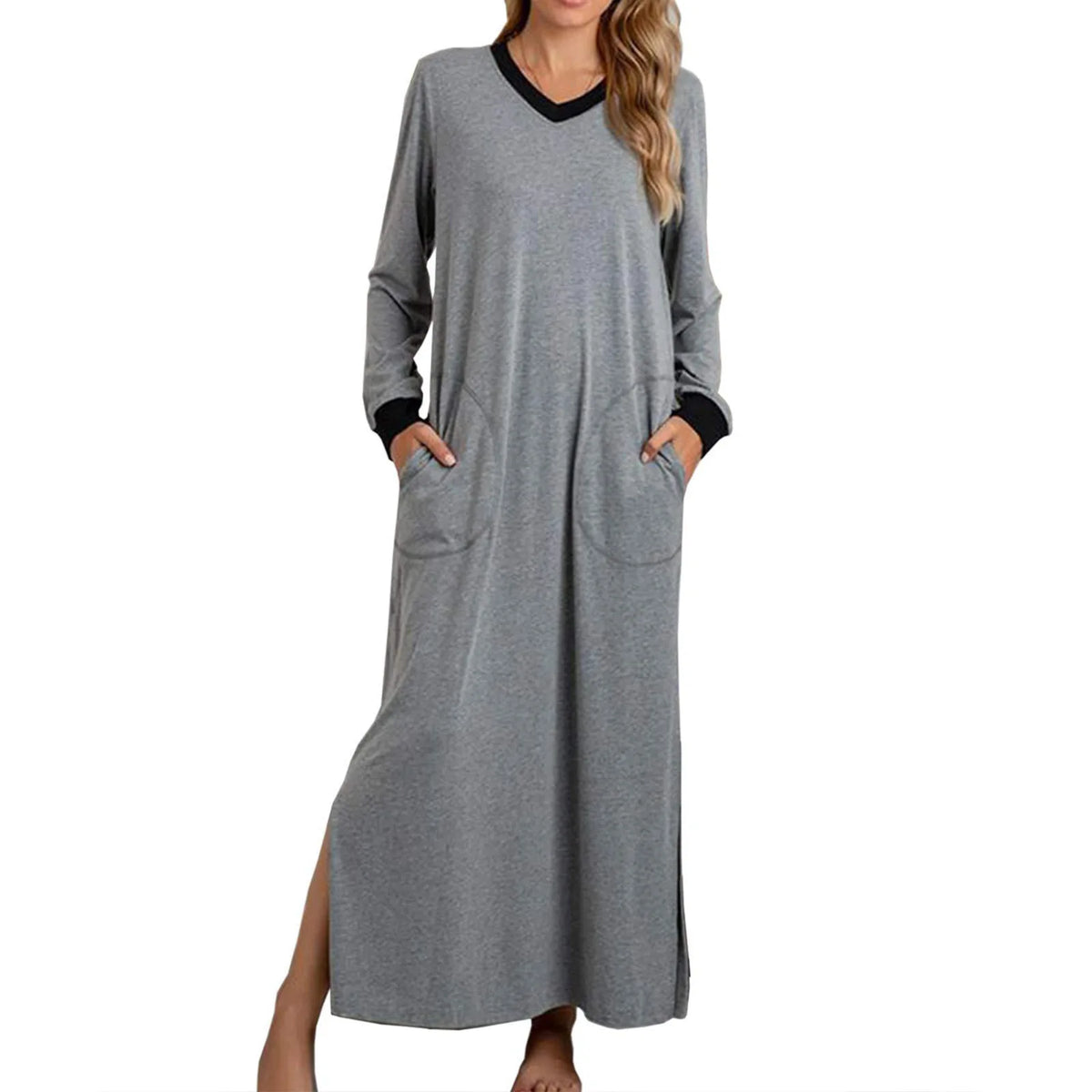 Women's Nightgowns V-Neck Long Sleeve Pajamas with Pocket Solid Color Long Dresses Sleepshirts for Women Soft Nightwear Robes