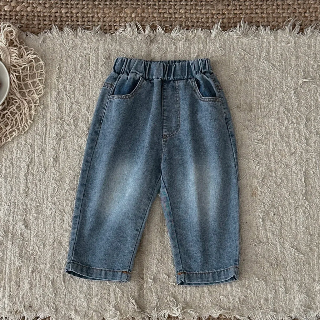 Baby Denim Pants For Toddler Boy Girl, Elastic Waistband Loose Straight Leg Jeans, Kids Casual Daily Wear Trousers