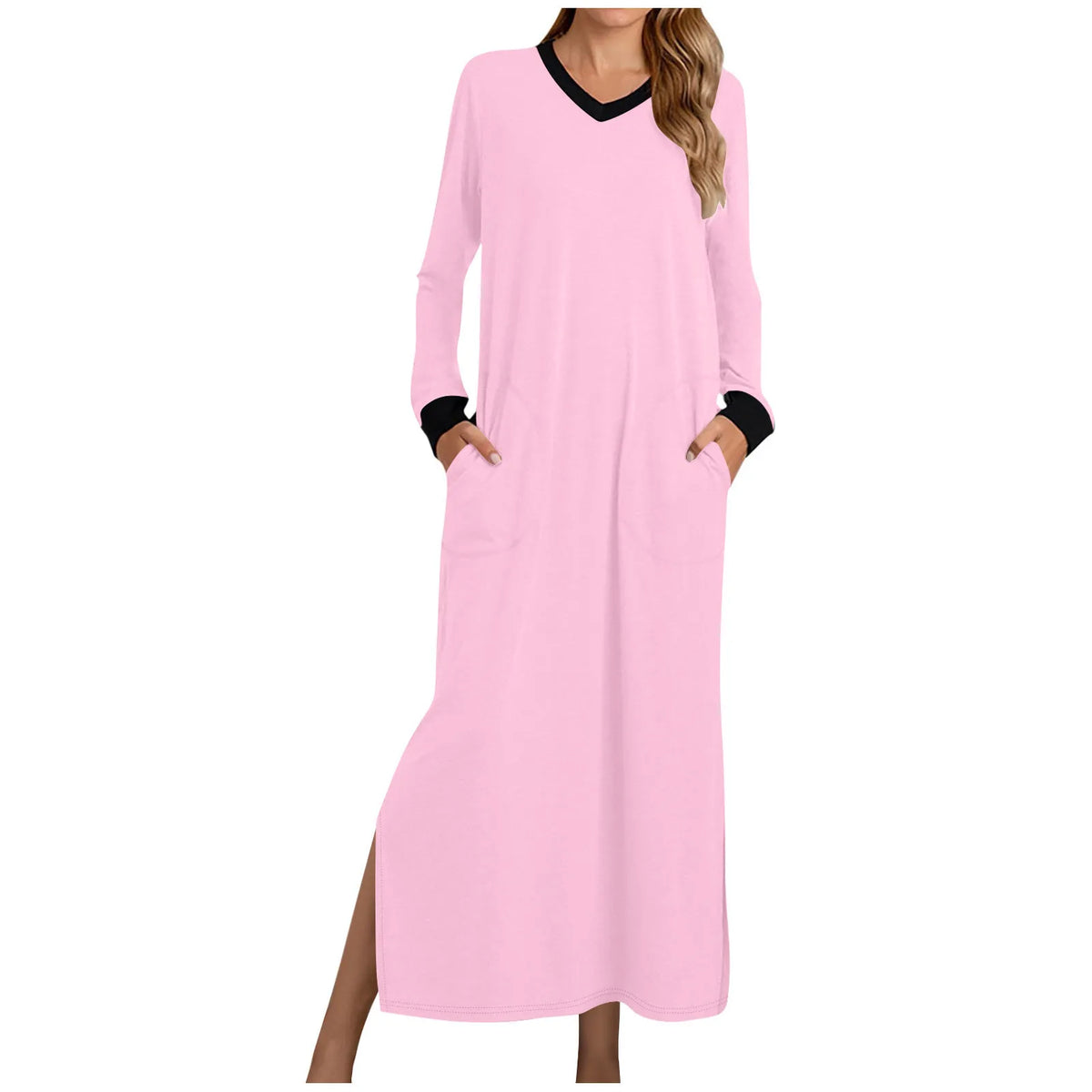 Women's Nightgowns V-Neck Long Sleeve Pajamas with Pocket Solid Color Long Dresses Sleepshirts for Women Soft Nightwear Robes