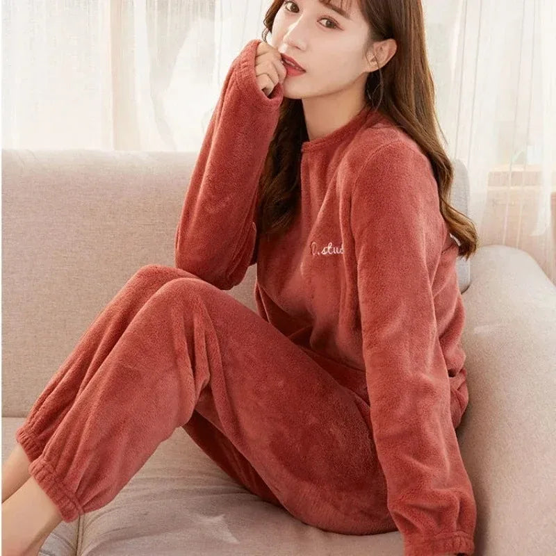 Winter Pajamas Coral Fleece Warm Pajamas Set Can Be Worn Outside Pajamas Loose Top Elastic Waist Trousers Home Leisure Wear