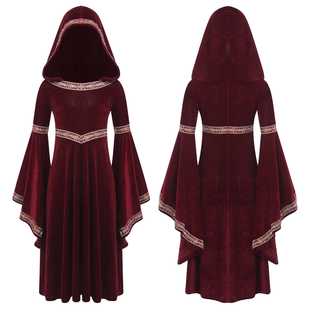 Girls Enchanting Medieval Princess Gown with Embroidered Velvet Trim And Trumpet Sleeves Dress for Halloween Cosplay Events