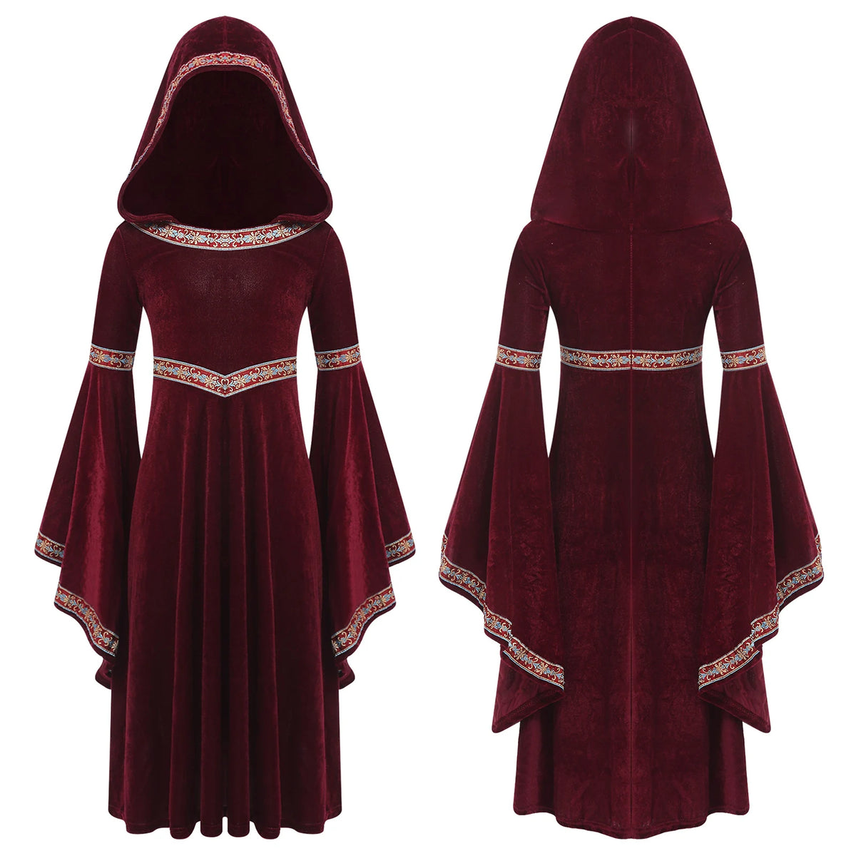 Girls Enchanting Medieval Princess Gown with Embroidered Velvet Trim And Trumpet Sleeves Dress for Halloween Cosplay Events