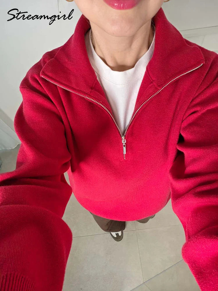 Winter Zipper Sweater Women Warm Oversize Turtleneck Pullovers Autumn Knitted Brown Sweaters Zip Up Women's Red Sweaters Thick