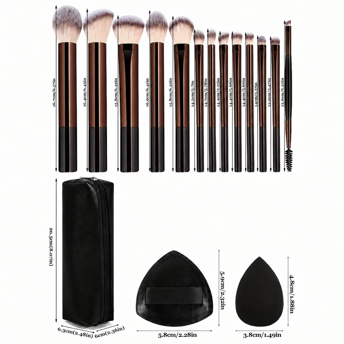 17PCS Professional Makeup Kit Including 13 Aluminum Brushes, Carry Bag & 3 Sponge Puffs, Powder, Eyeshadow, Blush and Detail Too