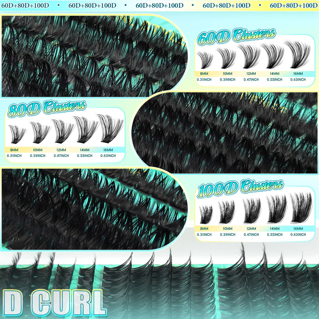 Manga Lash Clusters Kit 60D 80D 100D Individual Eyelash Extensions 8-16mm D Curl Natural Cat Eye Dramatic Lashes DIY