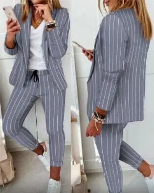 Two Piece Set Women Outfit Office Ladies 2023 Autumn Plaid Print Long Sleeve Elegant Blazer Coats & Drawstring Work Pants Set