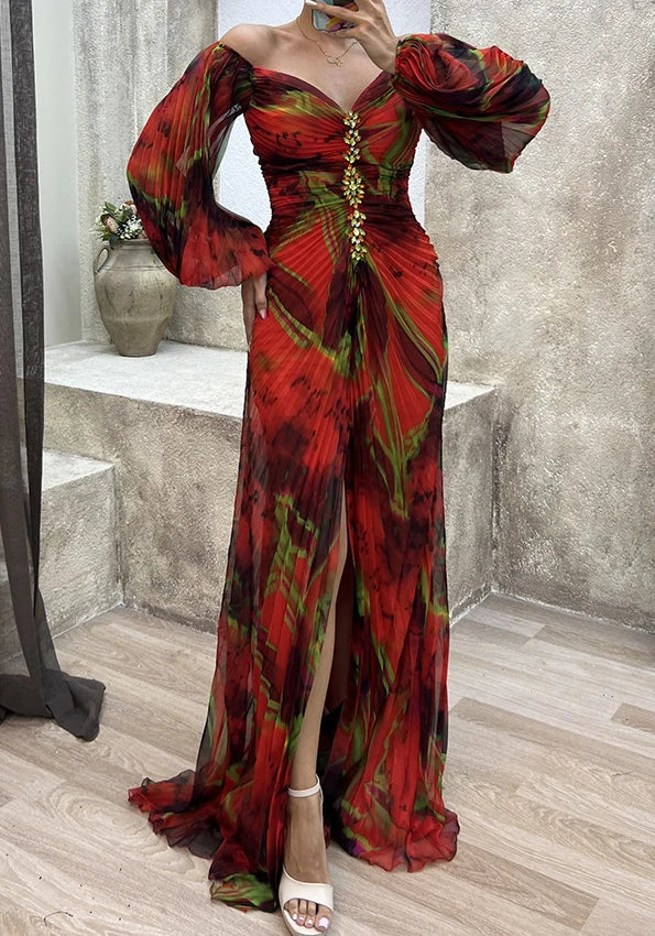 Sexy Elegant Evening Party Dresses 2024 Summer Fashion New Pleated Long Sleeved Off Shoulder Loose Casual Maxi Dress for Women