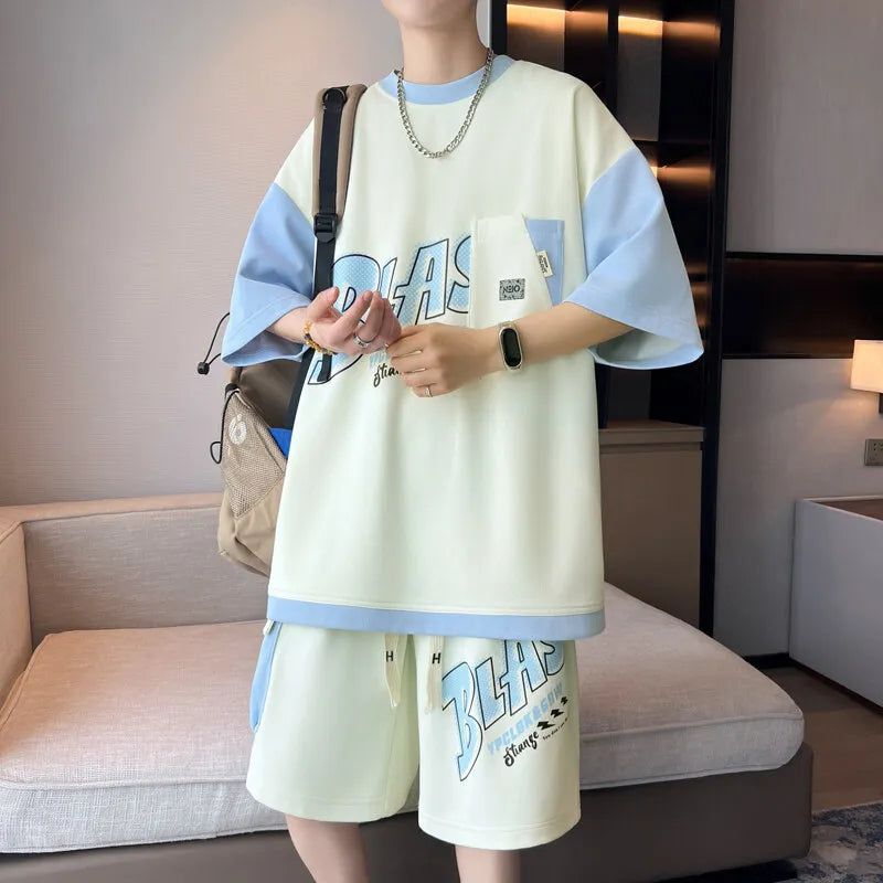 Men's 2-Piece Summer Streetwear Fashion Set - Short Sleeved T-Shirts & Knee-Length Shorts Casual Tops Tees And Pants for Youth