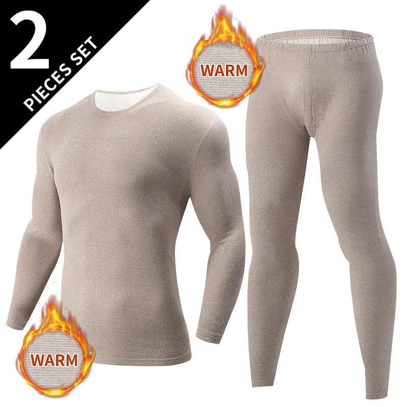 Men Winter Thermal Underwear Set Fleece Lined Slim Fit Long Johns Round Neck Long Sleeve Base Layer Warm Underwear Top & Pants F